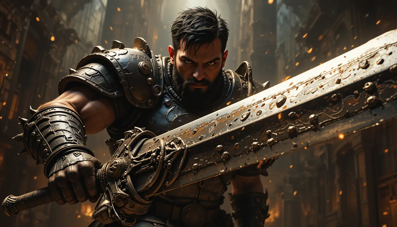 Armored fantasy warrior with colossal sword under spotlight
