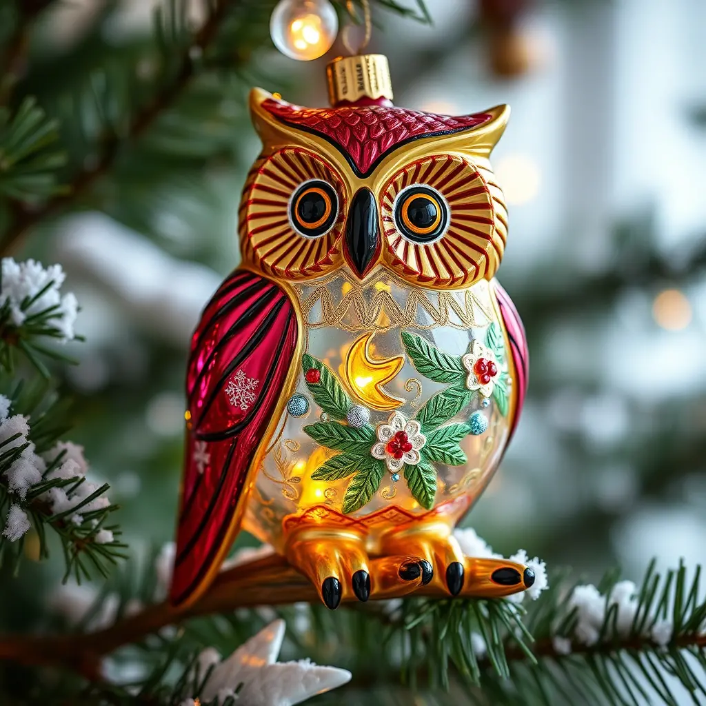 Glass owl Christmas ornament hanging on snowy fir branch