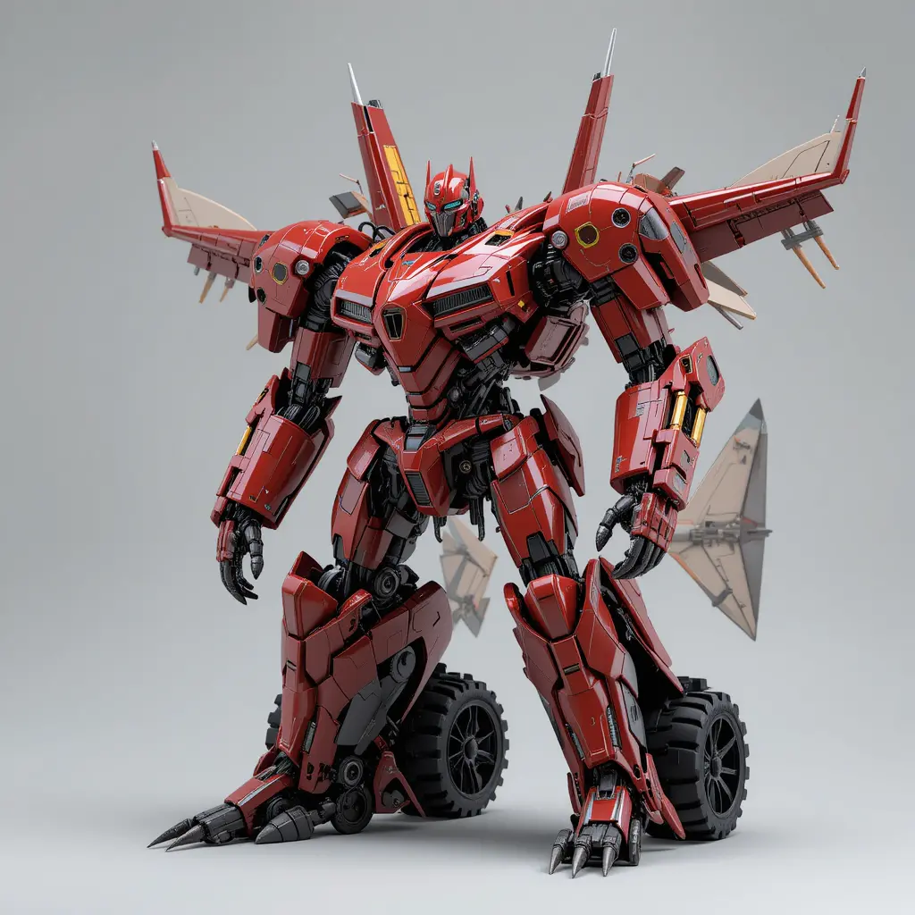 Red robot transformer airplane with caterpillar wheels in motion