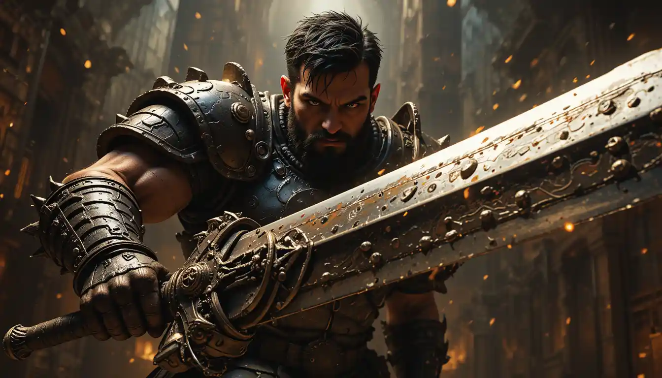 Armored fantasy warrior with colossal sword under spotlight