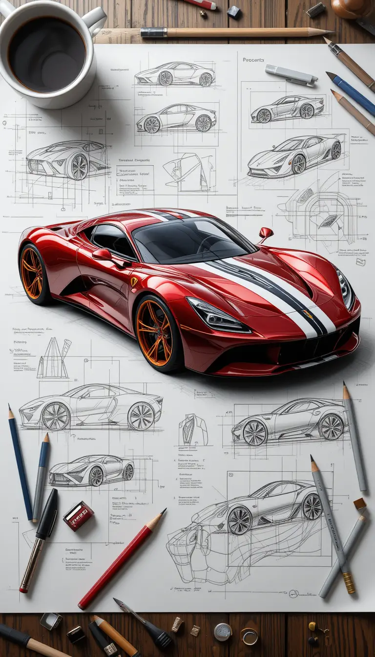 Red sports car illustration with technical sketches around it