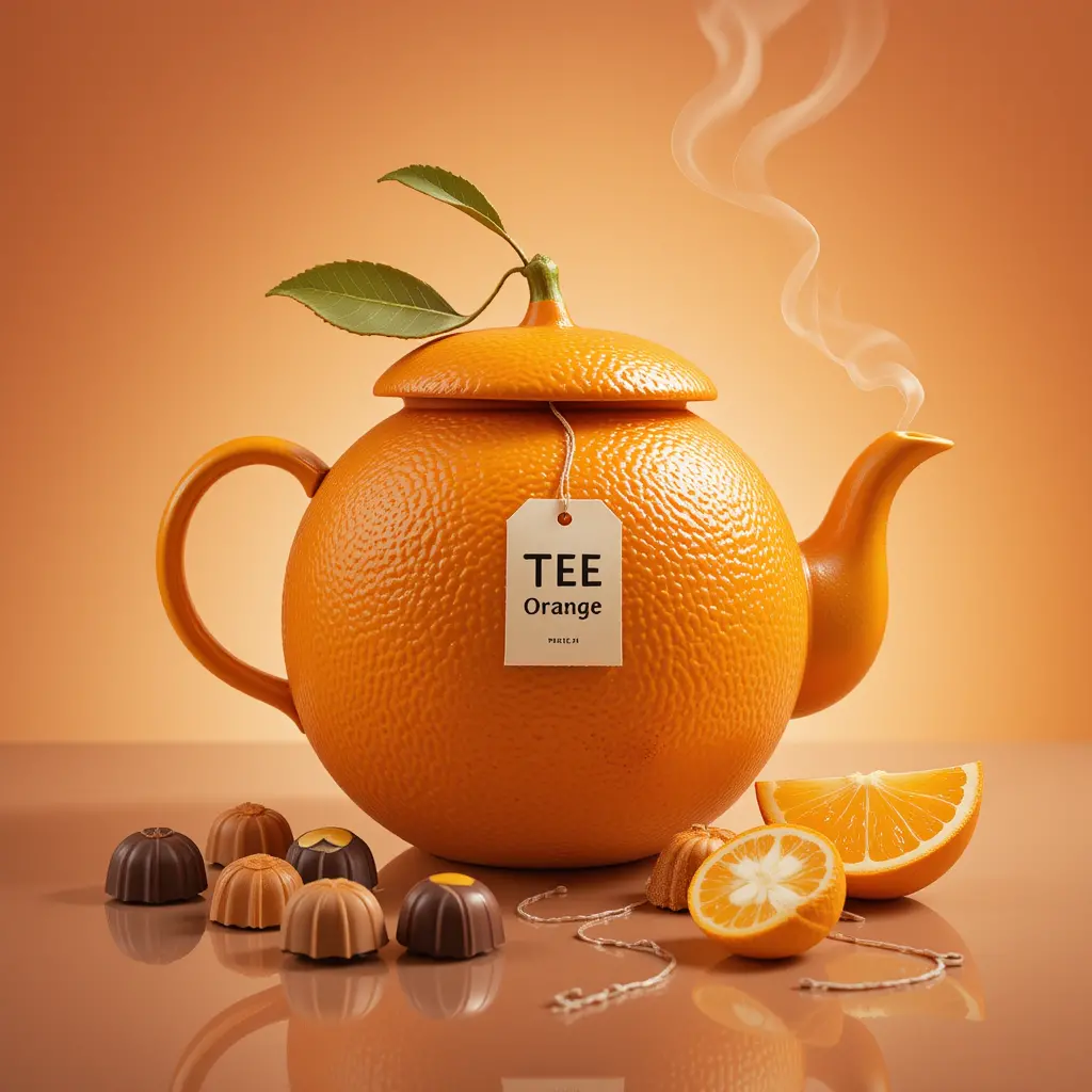 Orange Teapot With Steam On Reflective Warm Background