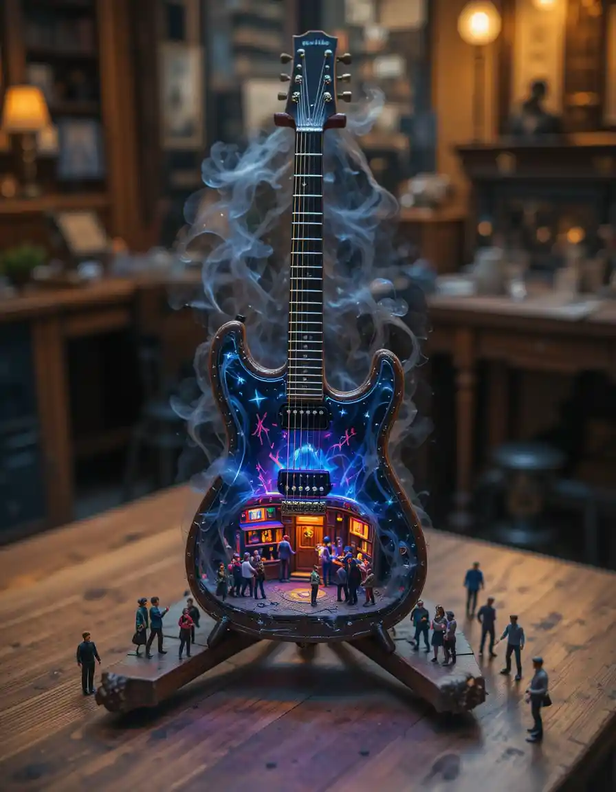 Miniature nightclub inside a standing guitar at night