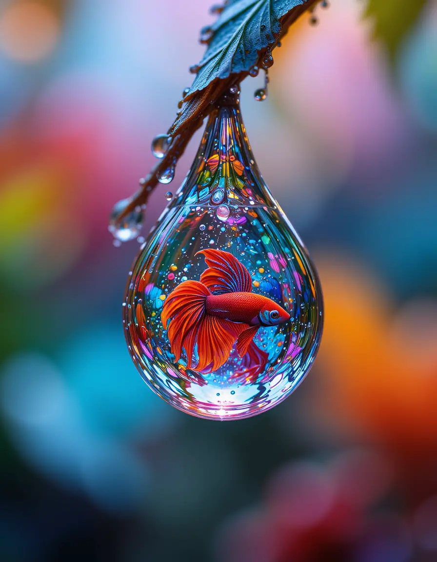 Colorful betta fish inside water droplets on leaves