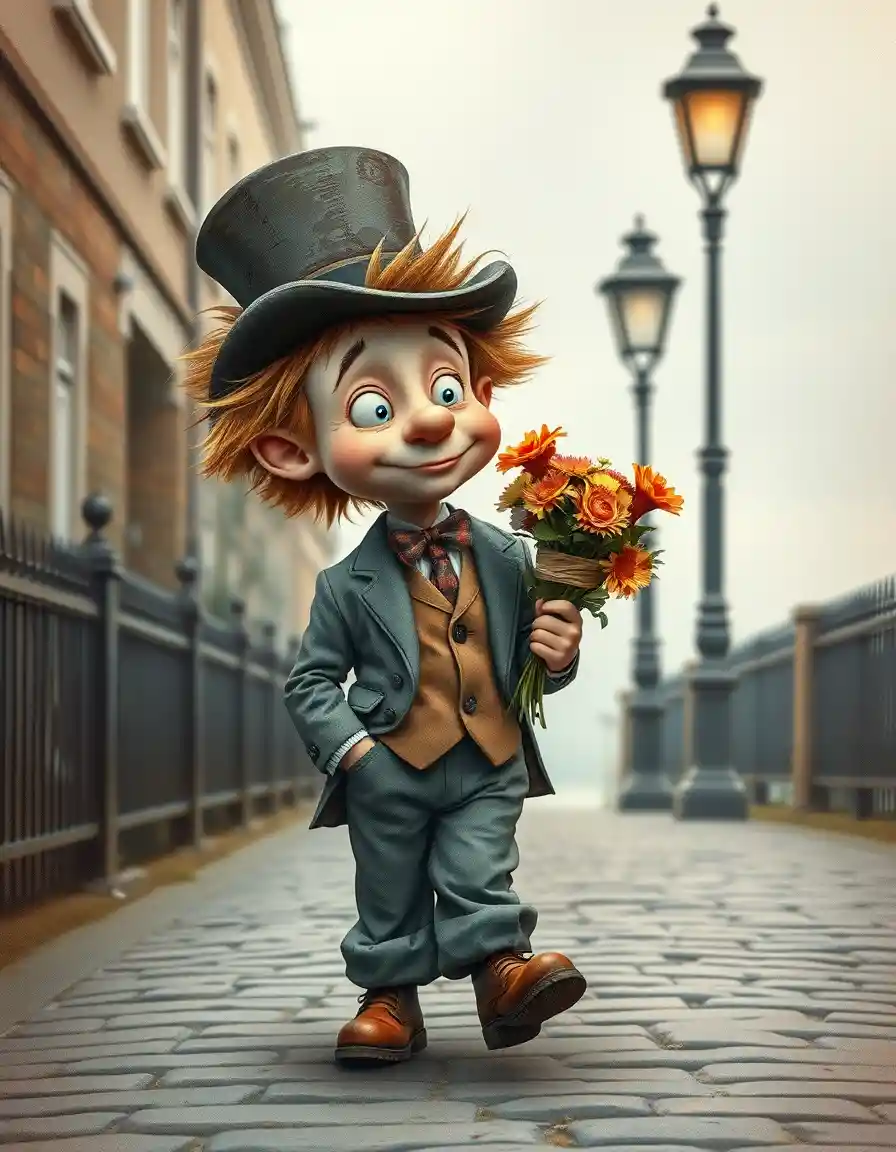 Whimsical boy in oversized suit on cobblestone street