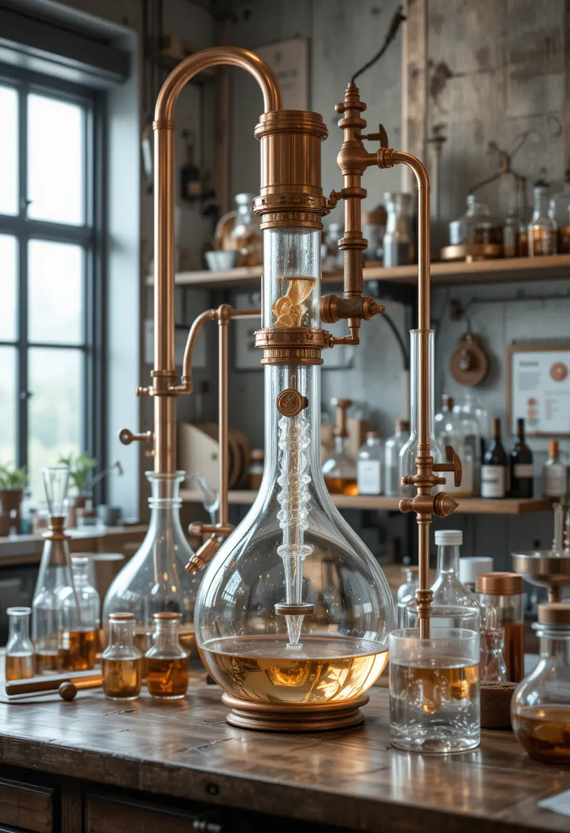 Copper And Glass Laboratory Distiller In Digital Illustration