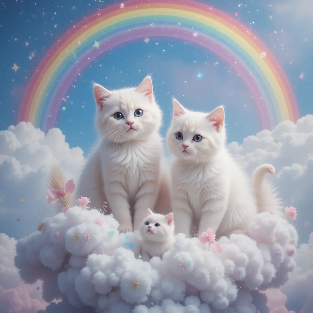 Cute cats playing on a fluffy cloud with rainbow