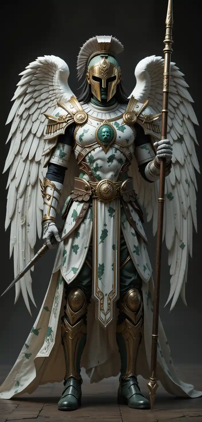 Angel warrior in ornate ancient armor with spear