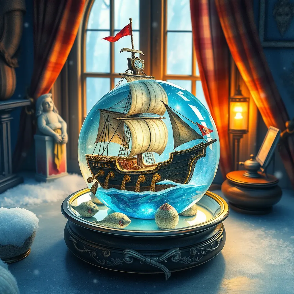 Magical pirate ship with mercury orb in frozen swamp