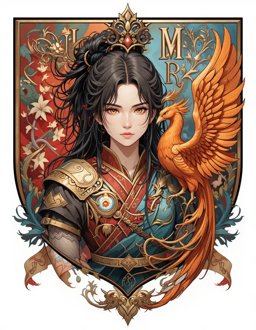 Anime warrior girl with phoenix heraldic emblem illustration