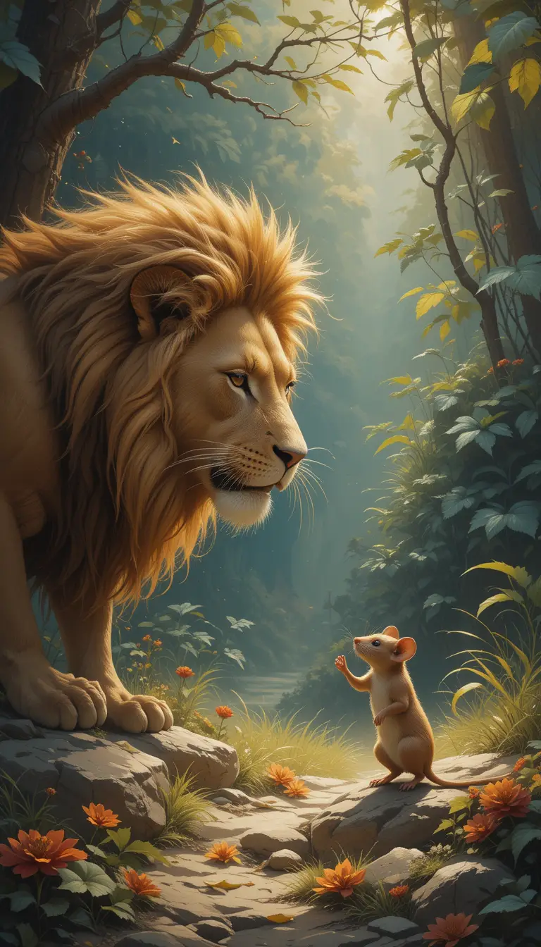 Lion And Mouse Sharing Gratitude In Sunlit Jungle Clearing