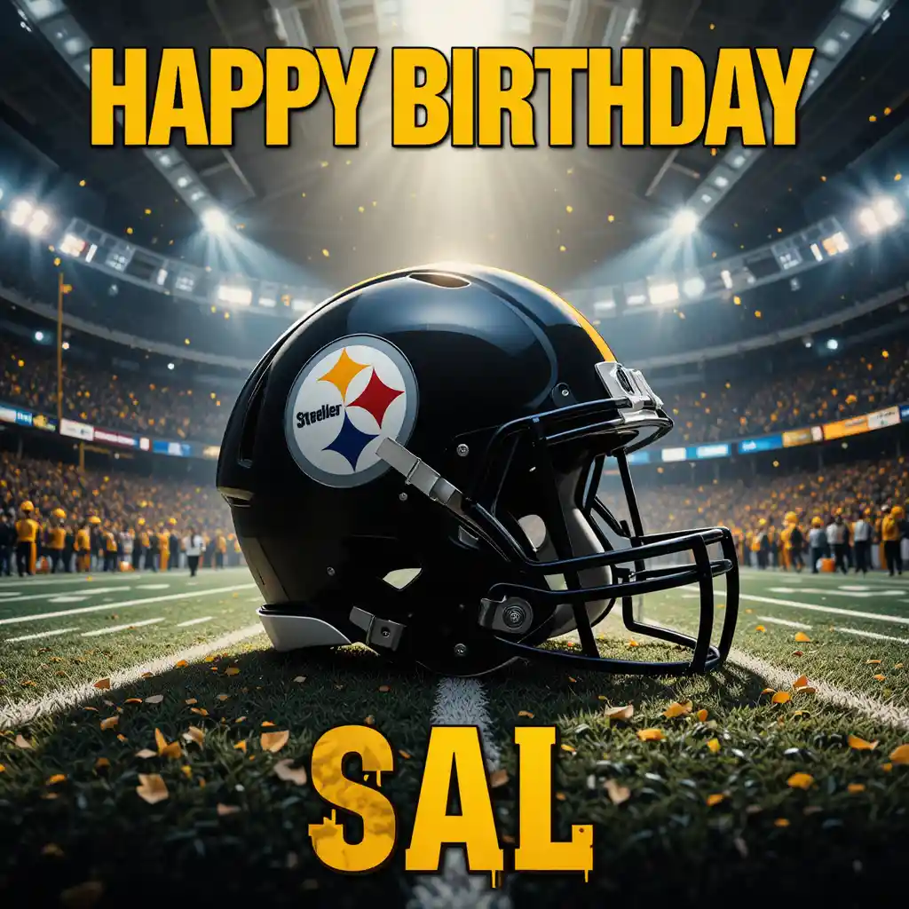 Festive birthday card with football helmet in stadium