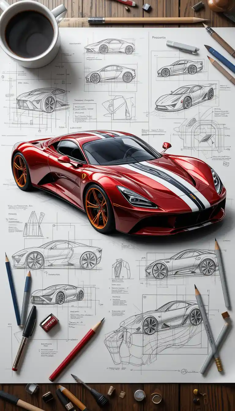 Red sports car illustration with technical sketches around it