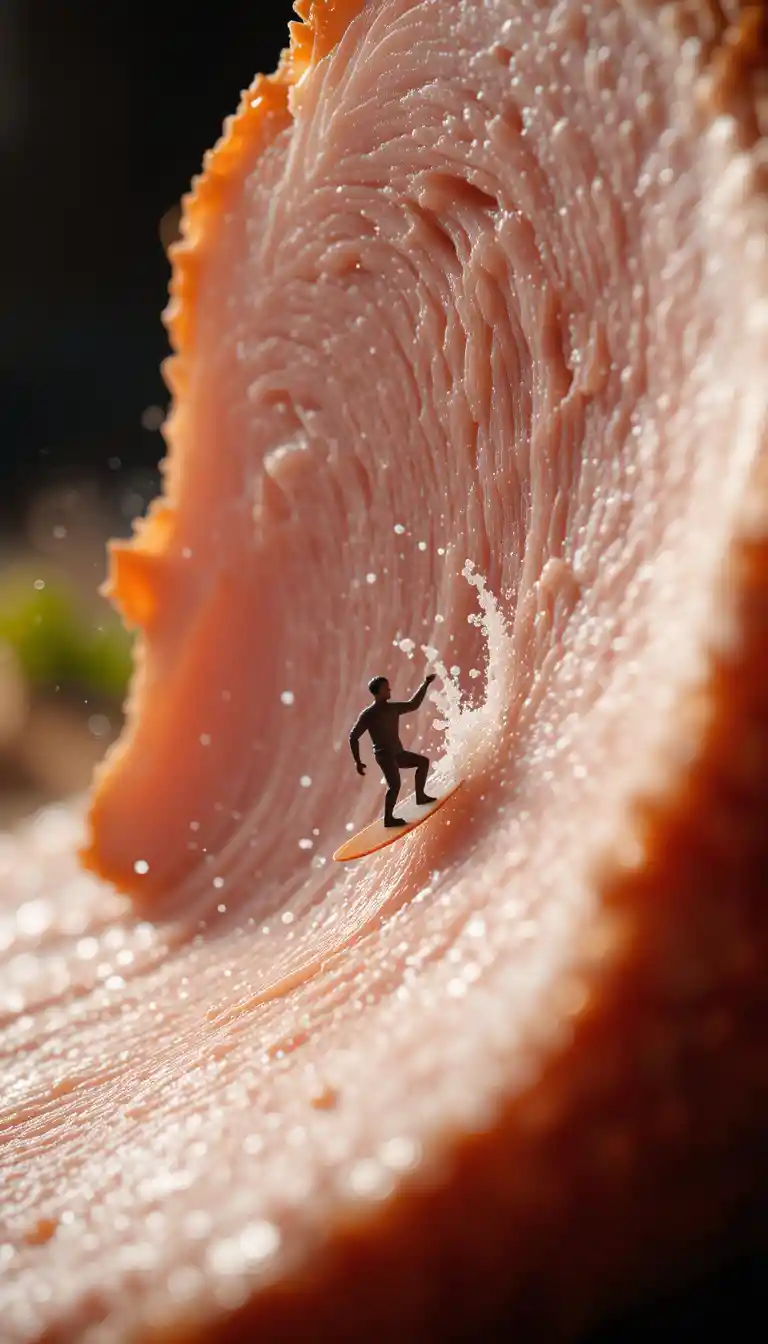 Macro pork wave with tiny surfer under cinematic light