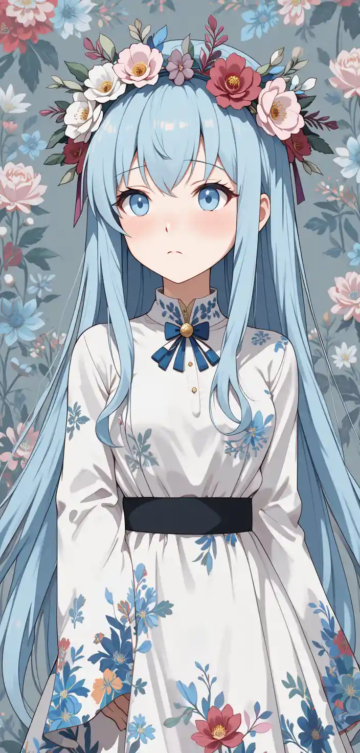 Anime girl with blue hair and floral white dress