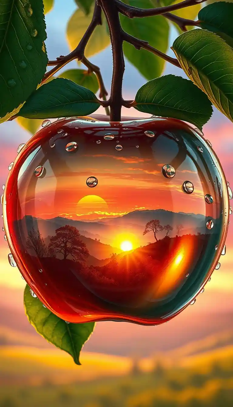 Translucent Apple Reflecting Sunrise Over Rolling Hills