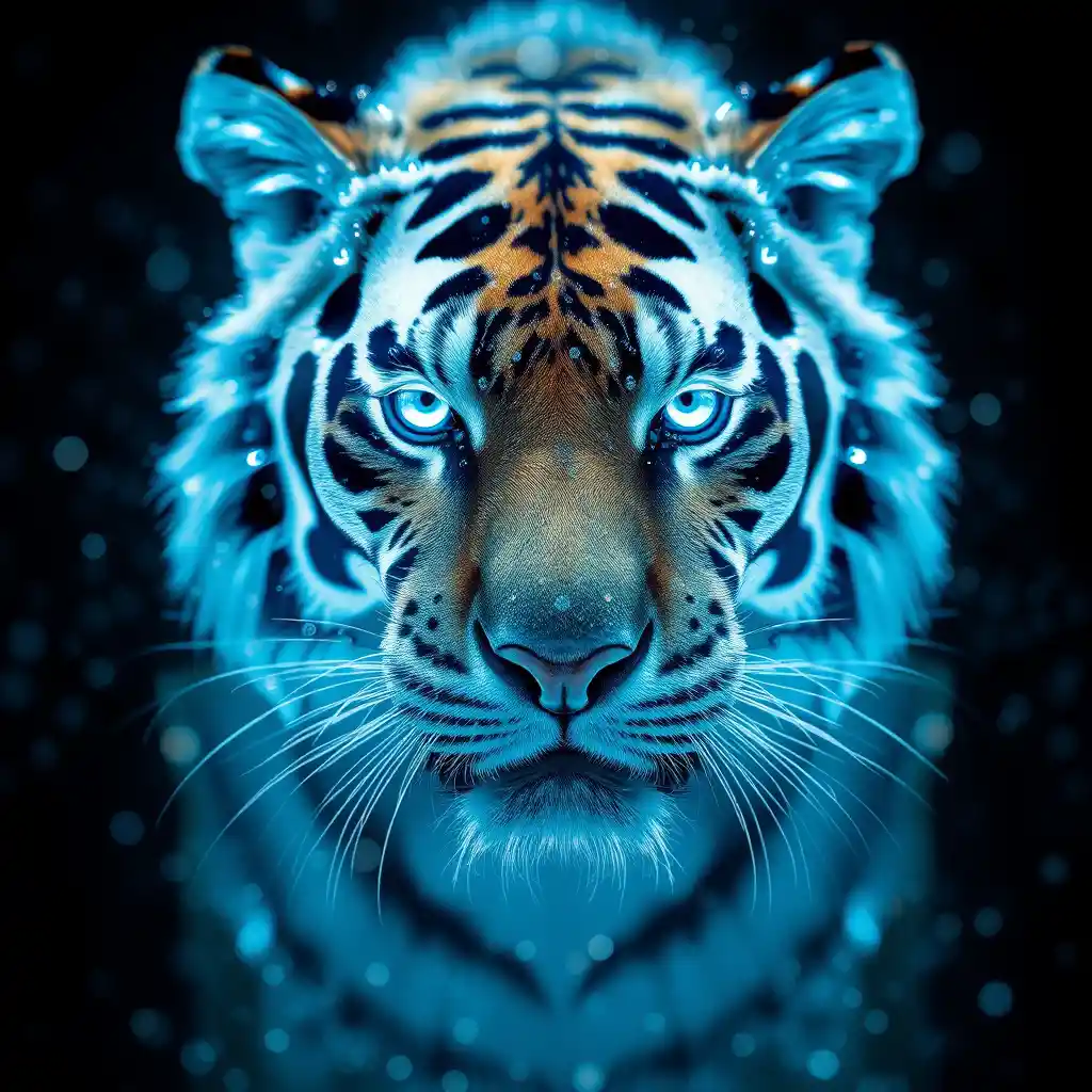 Close up tiger dissolving into glowing cyan particles