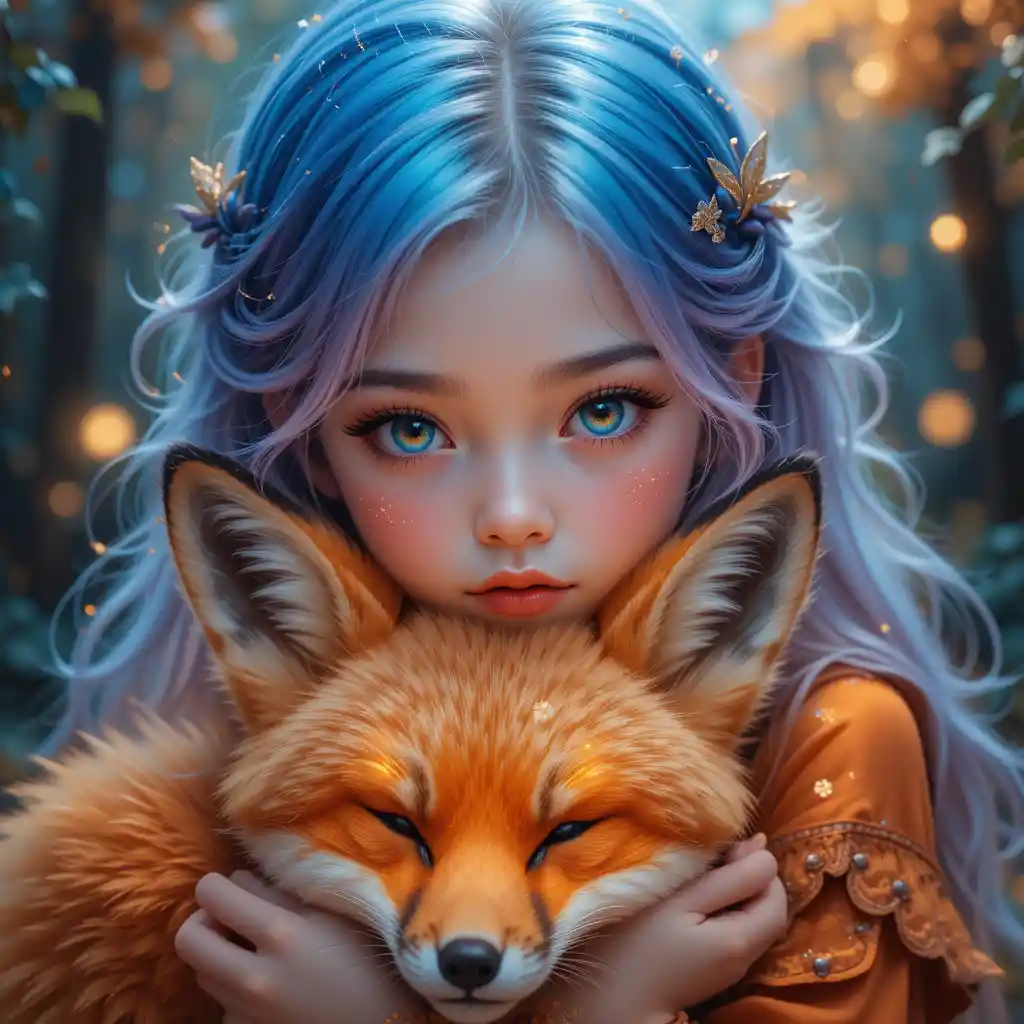 Young girl hugging an ethereal orange fox illustration