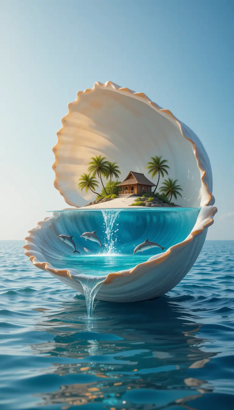 Surreal seashell island with waterfall and dolphins inside