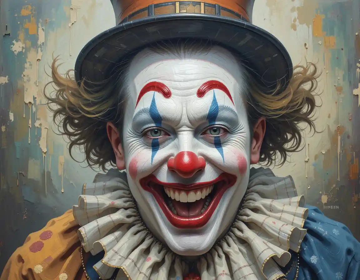 Colorful painting of a clown pulling a funny playful face