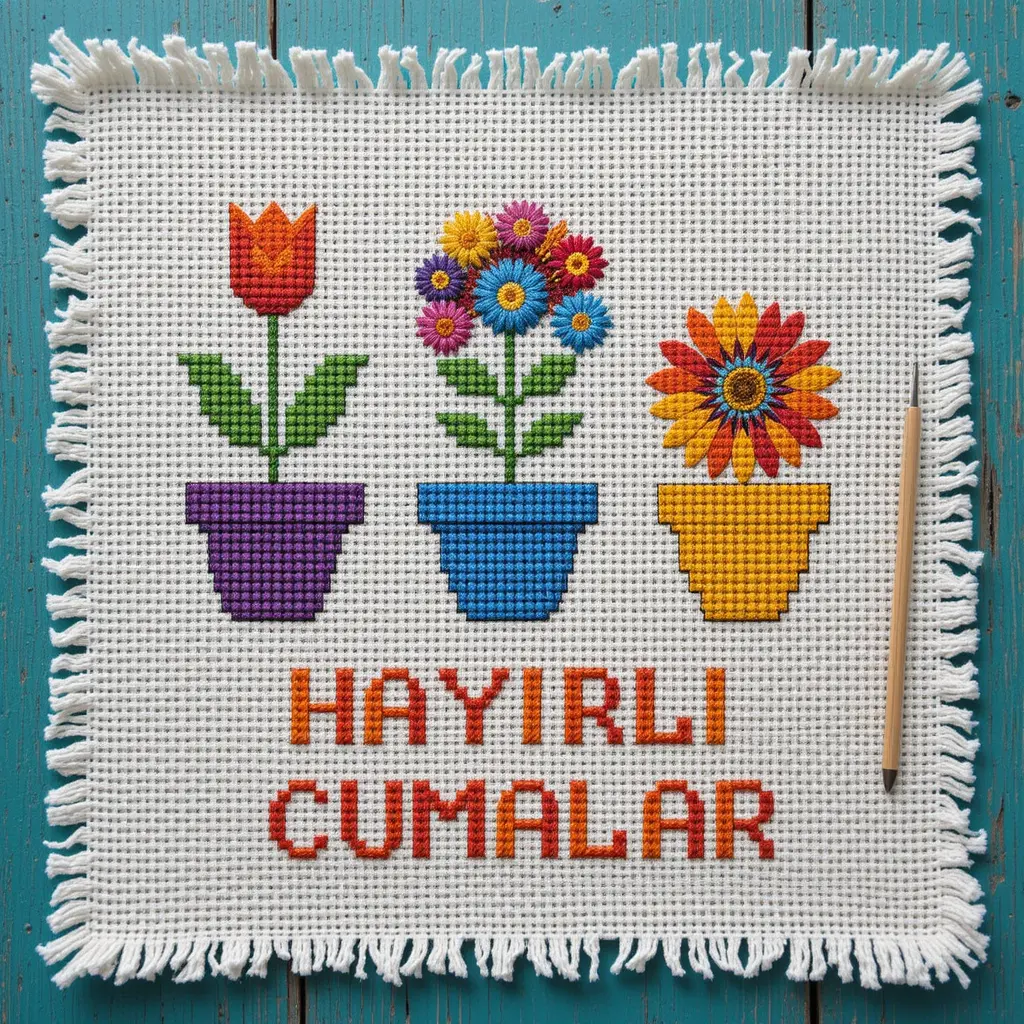 Colorful cross stitch flowers with Turkish weekend greeting