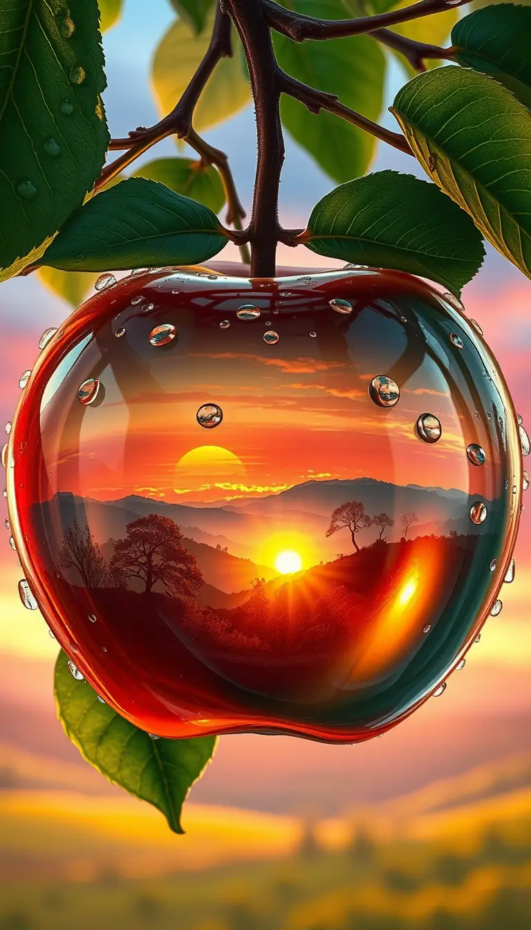 Translucent Apple Reflecting Sunrise Over Rolling Hills