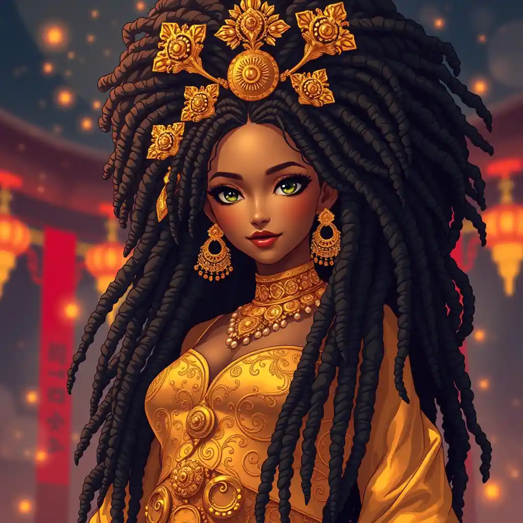 Elegant anime woman with dark skin in golden dress