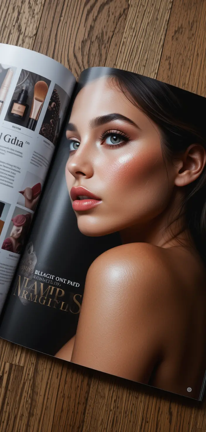 Open fashion magazine with makeup ad on wooden table