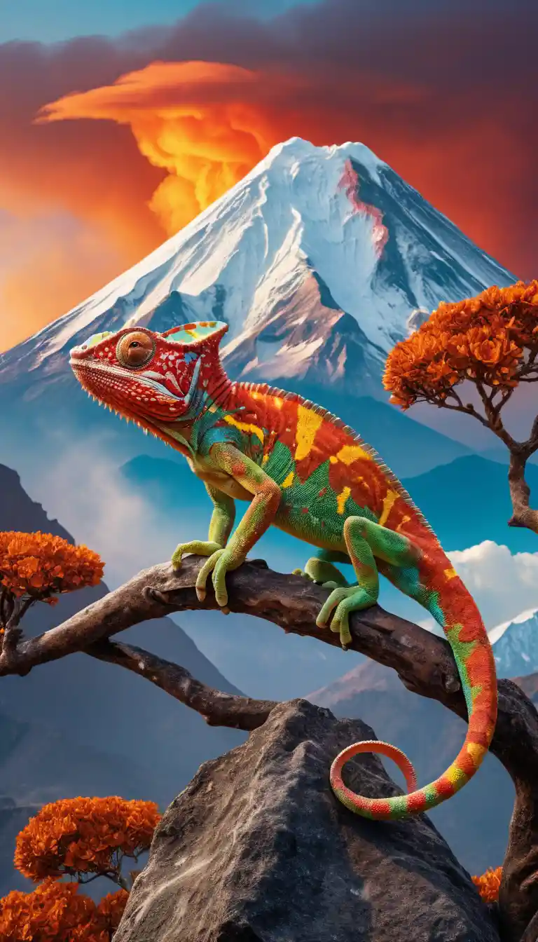 Surreal chameleon with volcanic and snowy mountain halves