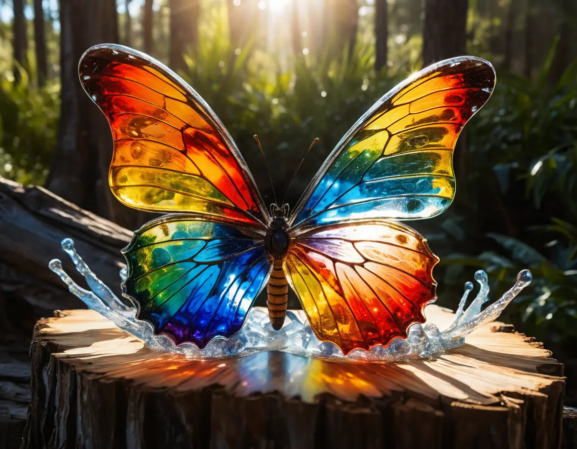 Giant Glass Butterfly In Rainbow Colors On Tree Stump