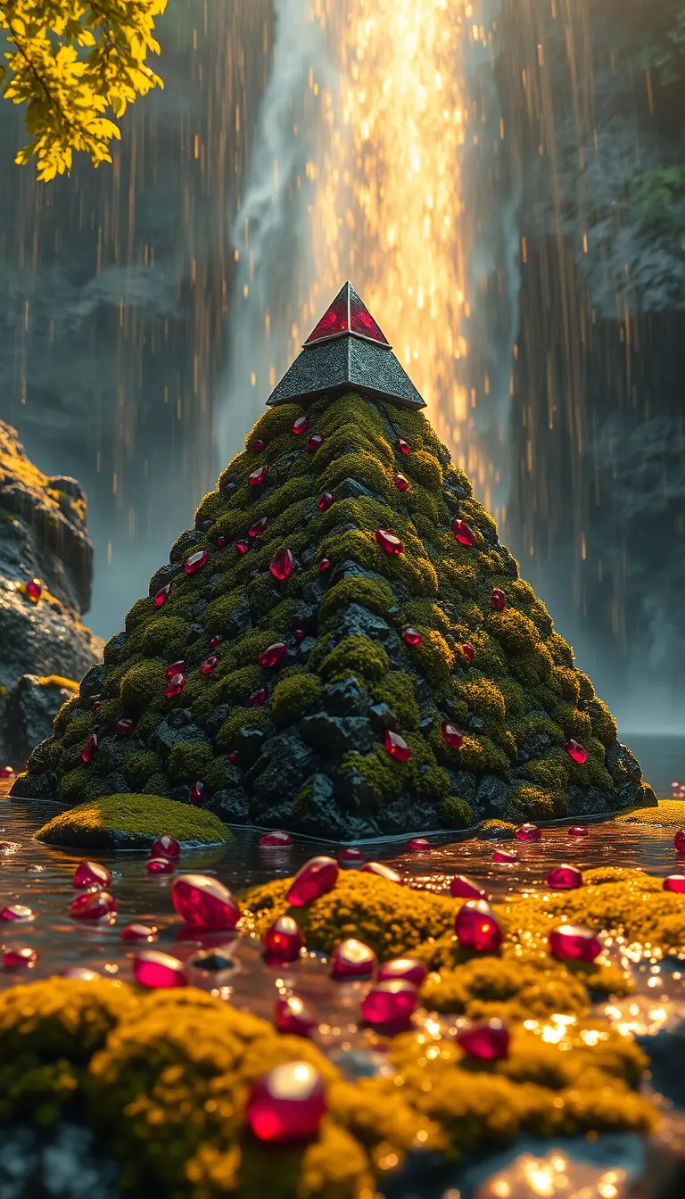 Golden waterfall pyramid bathed in morning sunlight