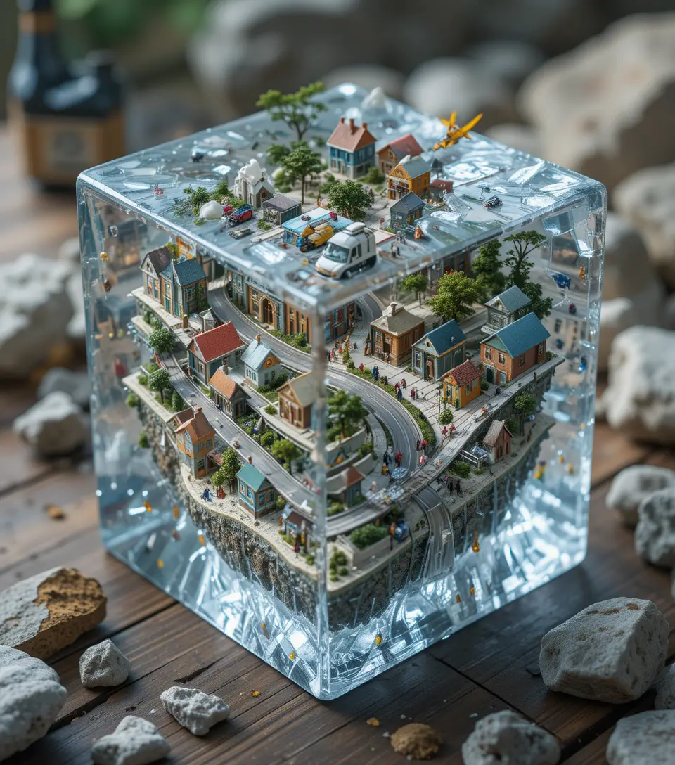 Miniature city inside a transparent ice cube microcosm