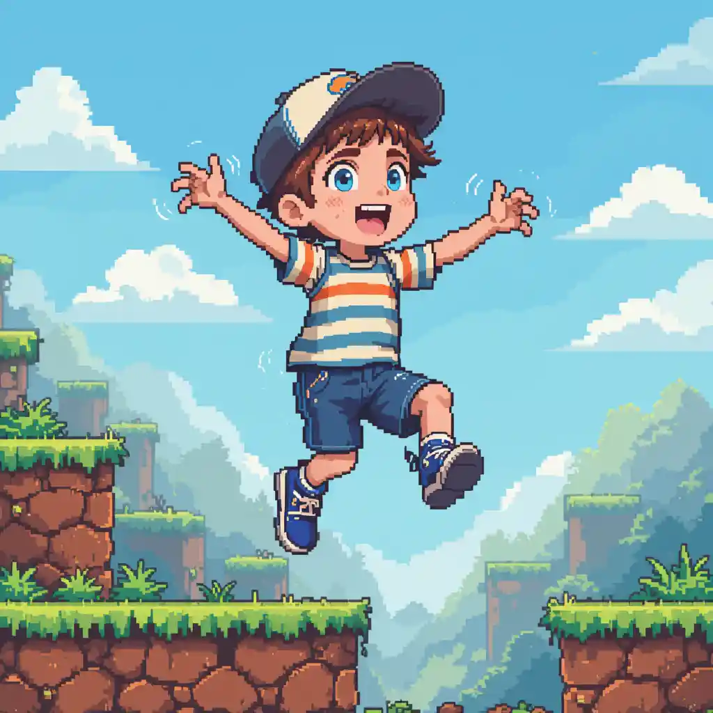 Excited pixel art boy jumping in retro game world