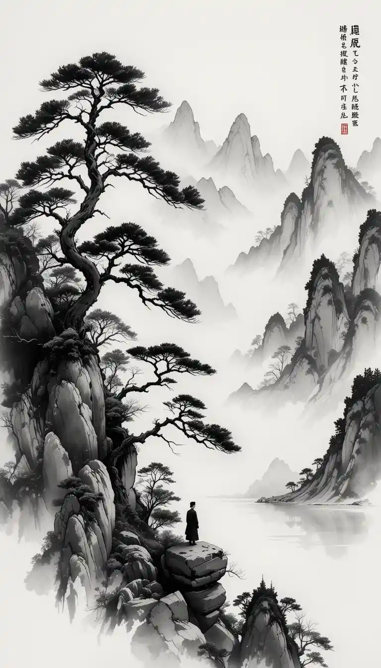 Paisible paysage de montagne à l’encre avec érudit contemplatif