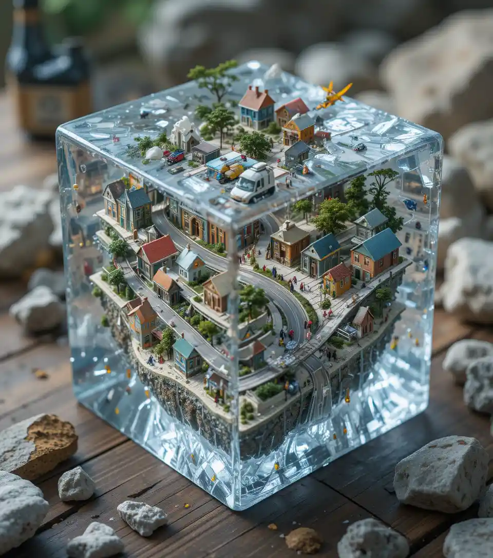 Miniature city inside a transparent ice cube microcosm