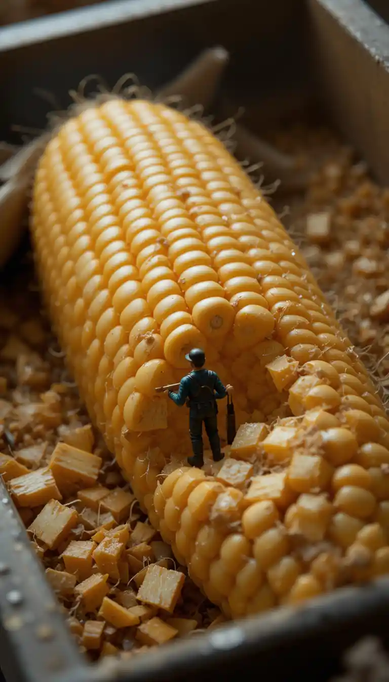 Macro close up of corn with tiny hunter figure