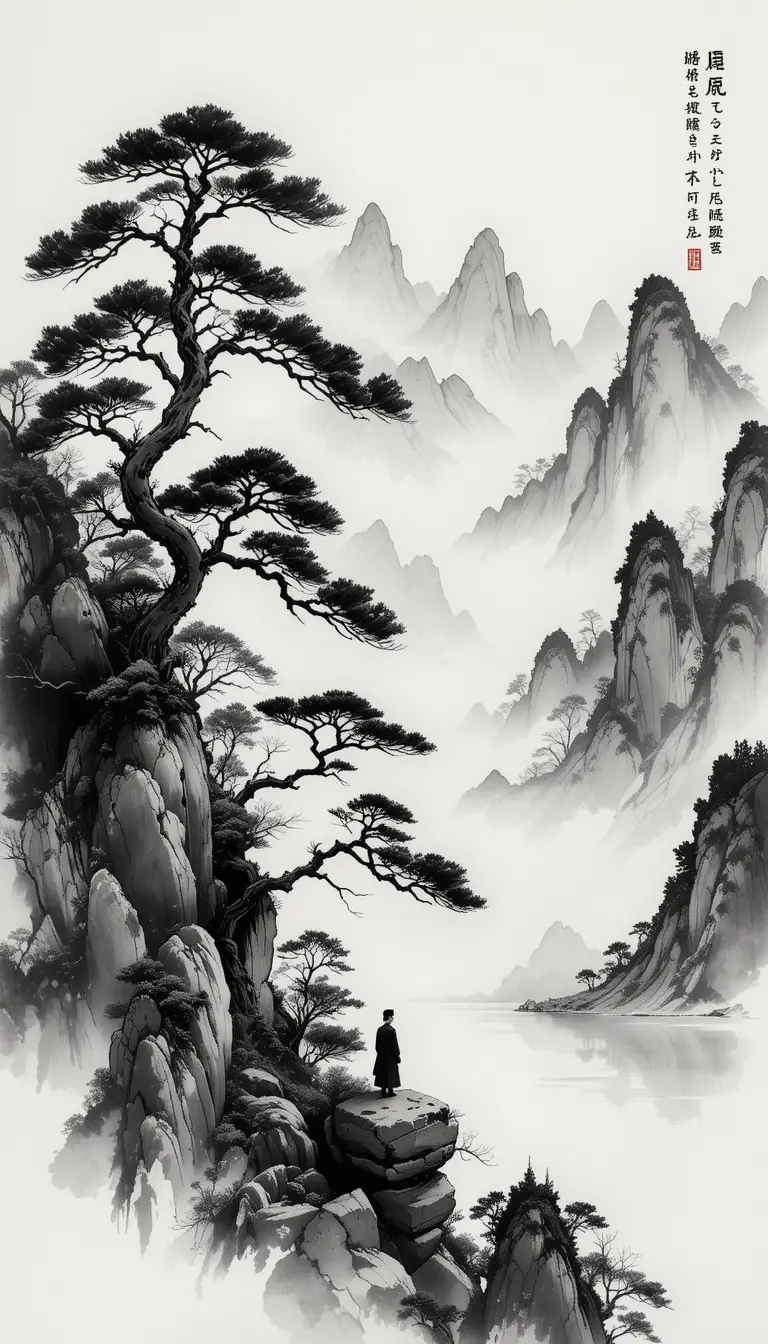 Serene ink mountain landscape with contemplative scholar