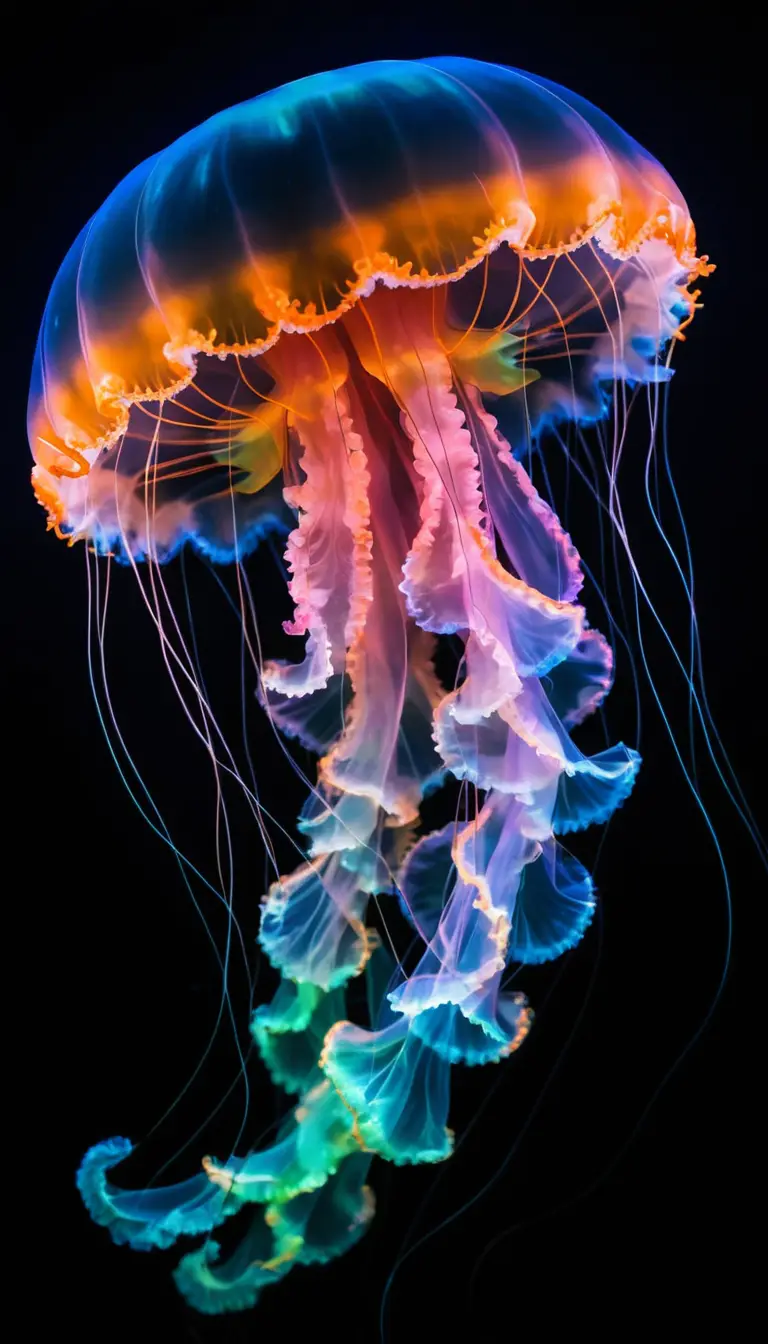 Colorful glowing jellyfish floating in a dark ocean scene