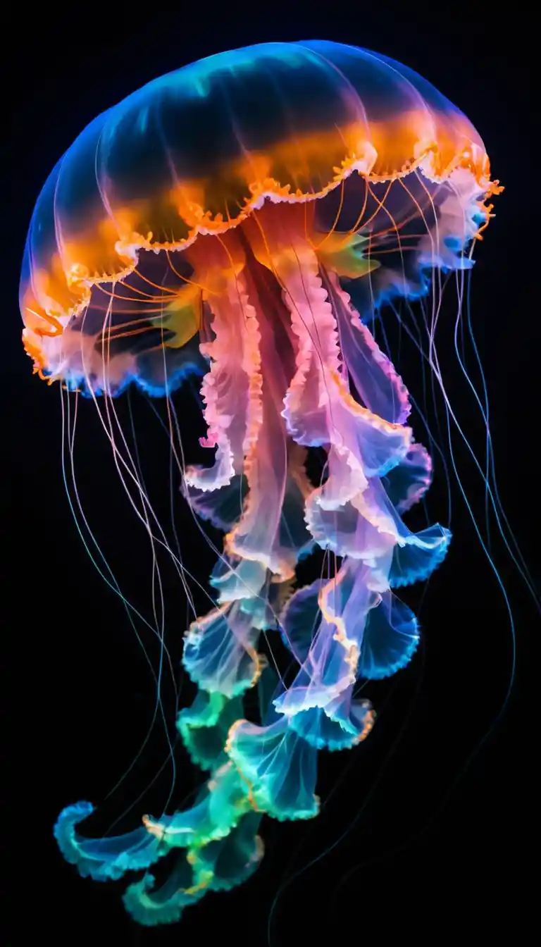 Meduse colorate e luminose che fluttuano in una scena di oceano oscuro