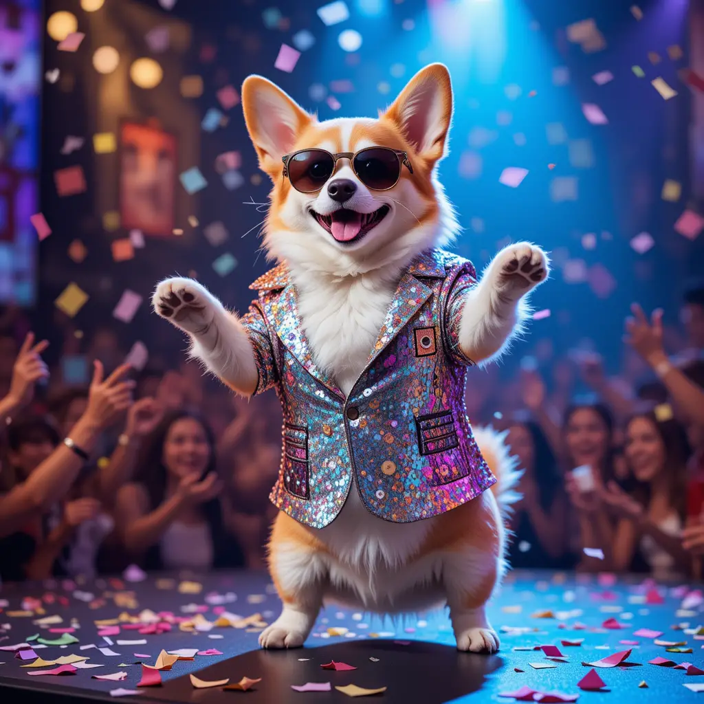 Dancing corgi pop star on a confetti filled concert stage