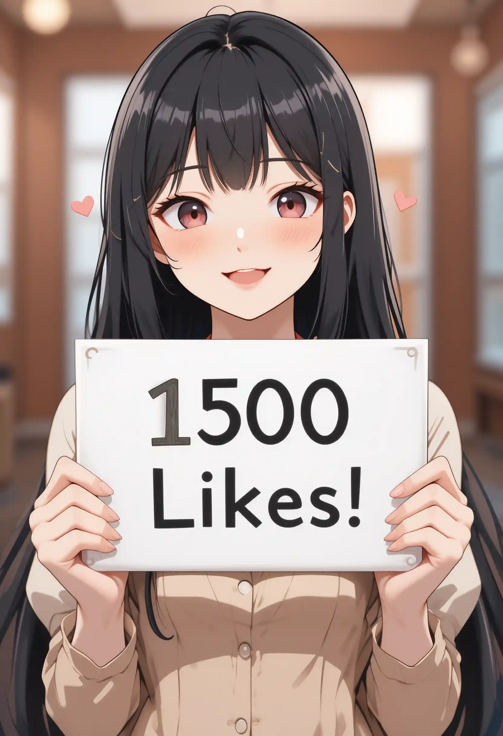 Anime girl smiling and holding a 1500 likes sign