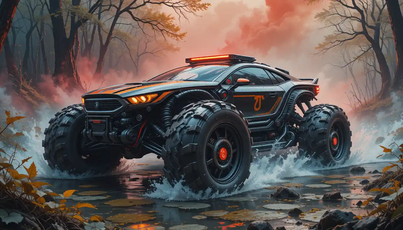 Futuristic cybernetic car crawling through a red swamp
