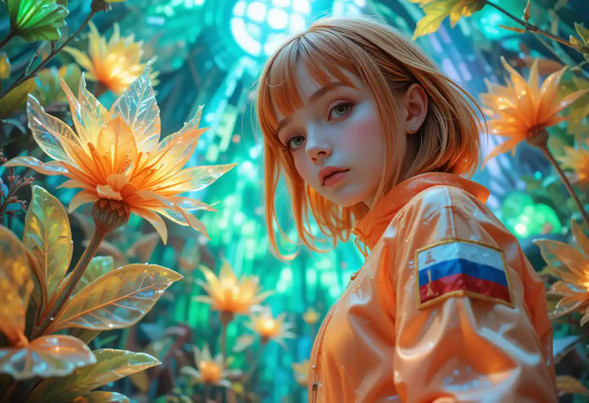 Young girl in orange jumpsuit on alien fantasy world
