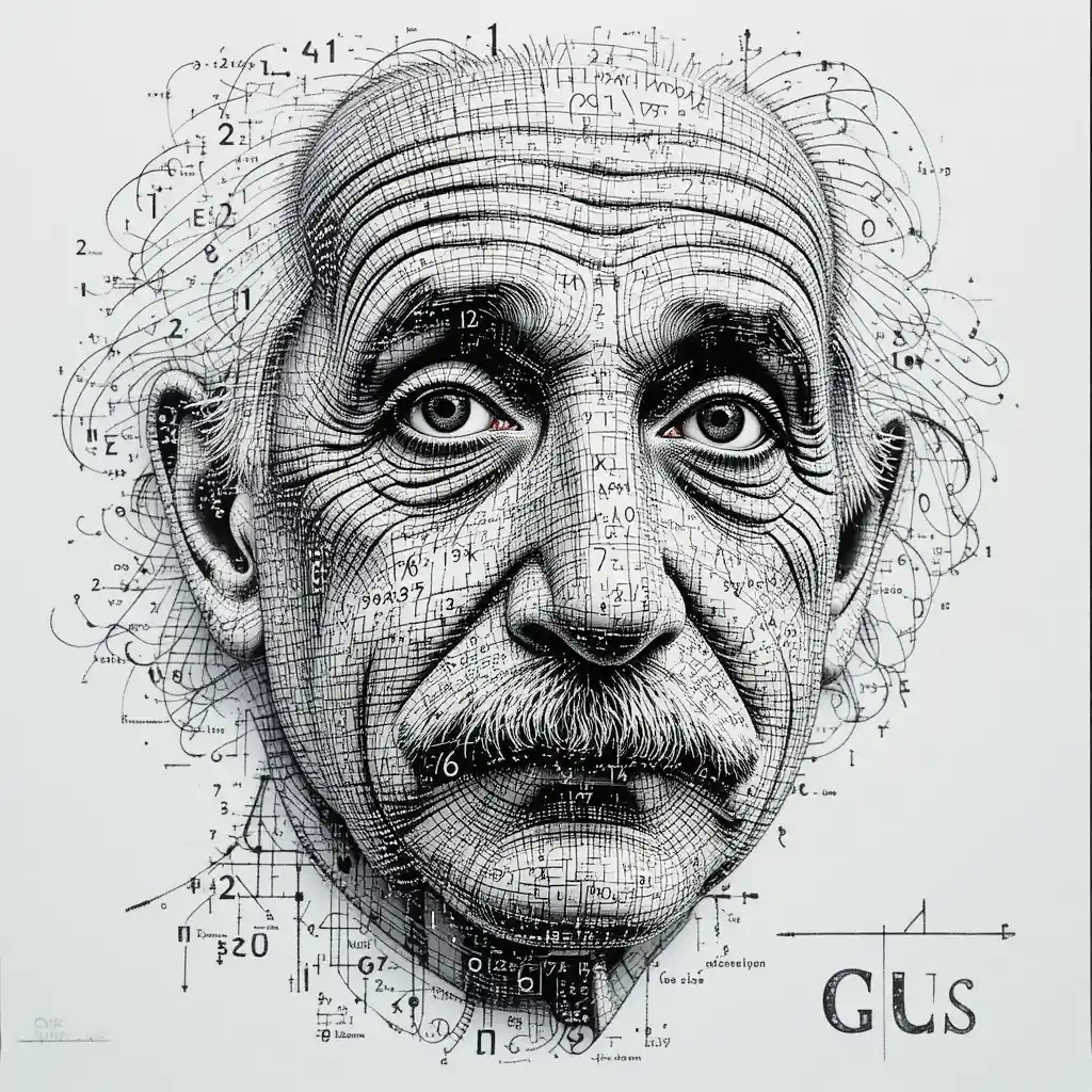 Einstein portrait made of tiny physics formulas in black