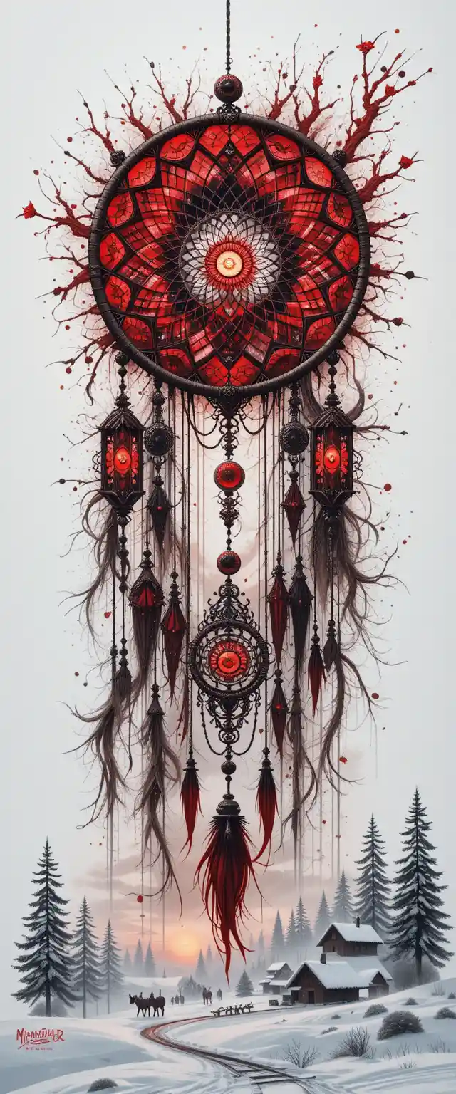 Dreamcatcher exploding poster with winter shaman girl portrait