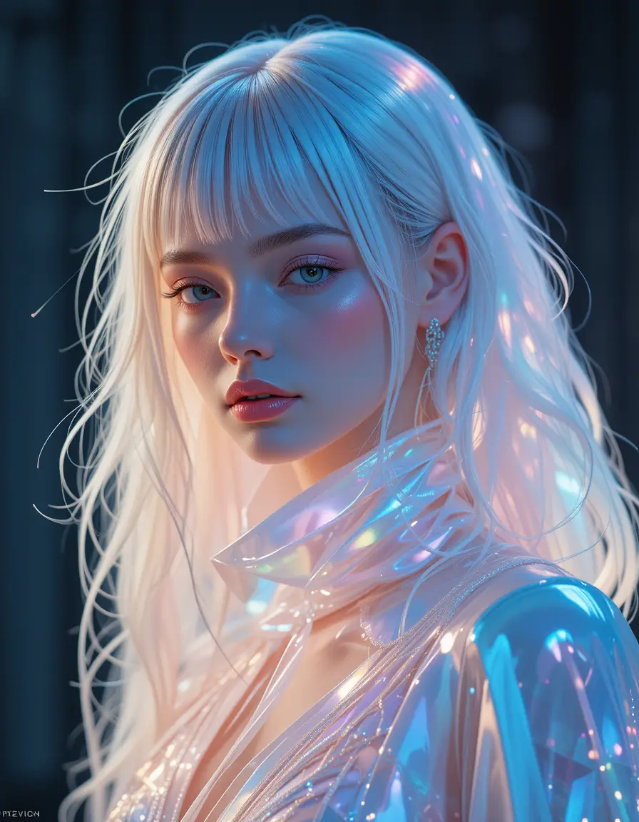 Futuristic fashion woman in opalescent pastel outfit