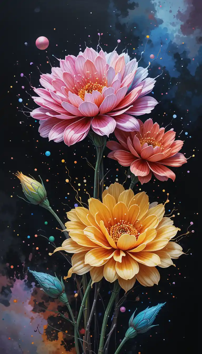 Watercolor glass carnations with splashing paint on dark background