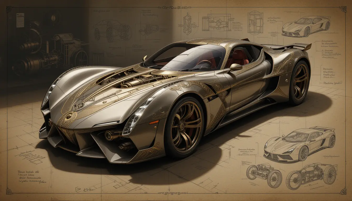 Baroque inspired technical drawing of a luxury sports car