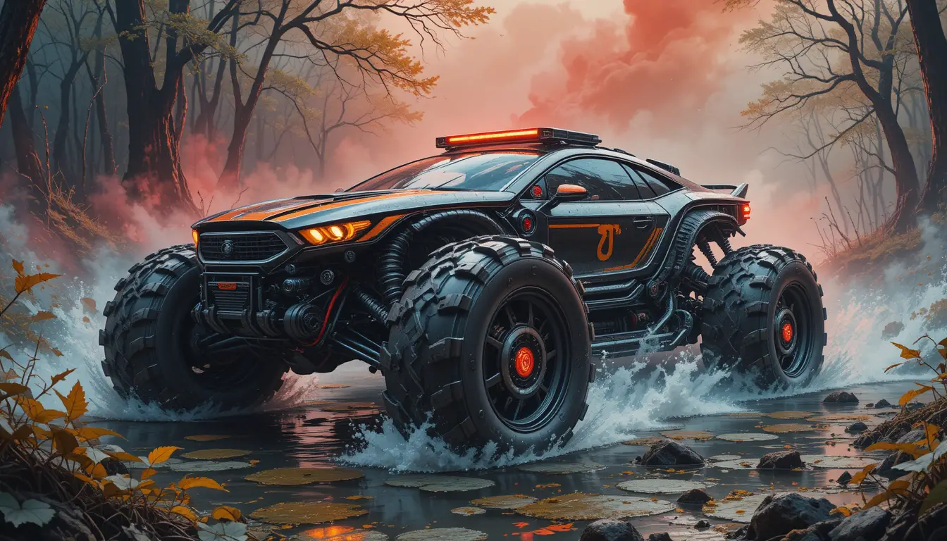 Futuristic cybernetic car crawling through a red swamp