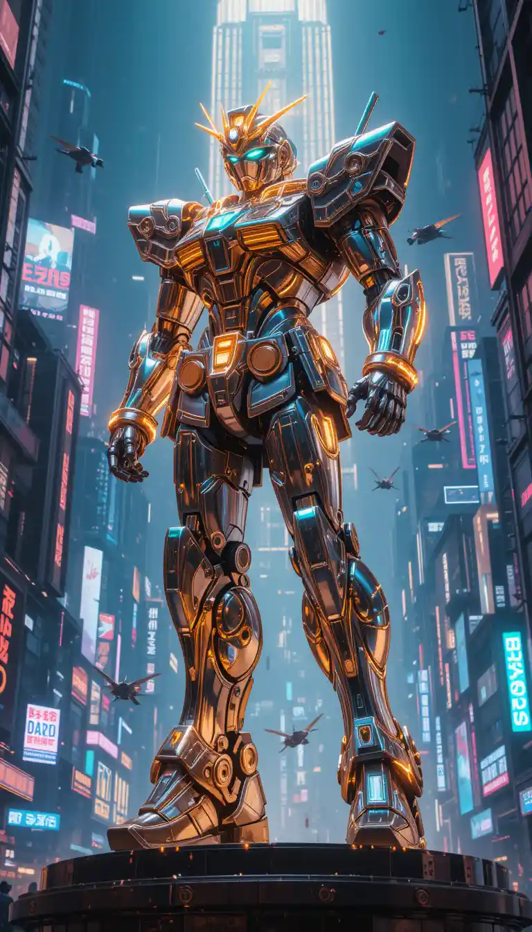 ネオンホログラムのロボット像が佇むサイバーパンク都市景観